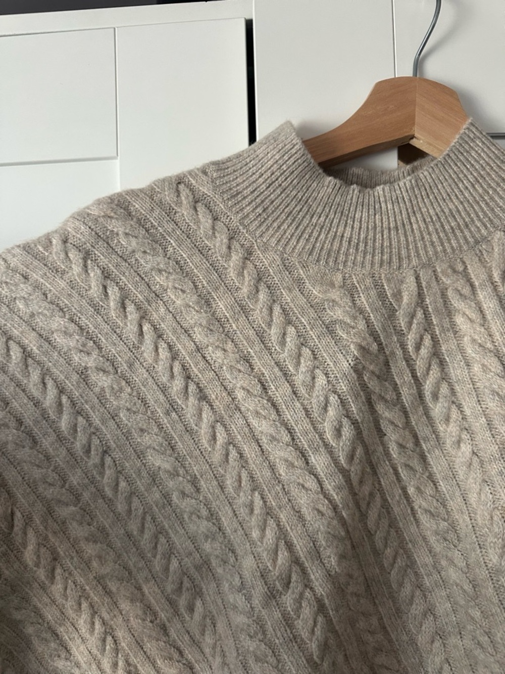 Express Women's Cable Knit Mock Neck Sweater with Cold Shoulder Detail - Beige - Picture 3 of 6